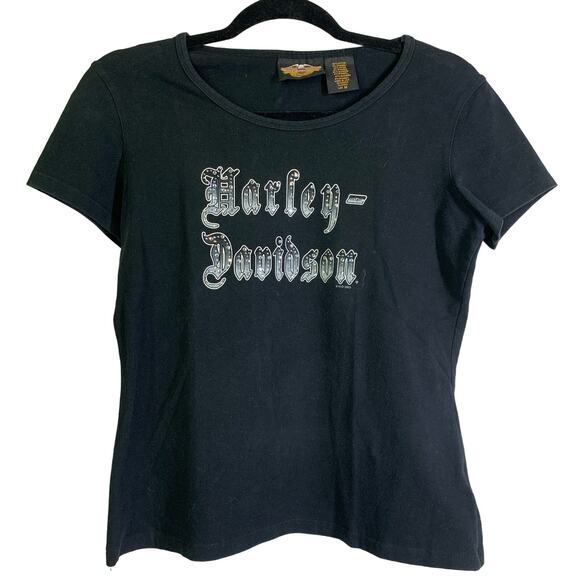 HARLEY-DAVIDSON Black Rhinestone Graphic Short Sleeve T-Shirt‎ Size Medium - Picture 1 of 10